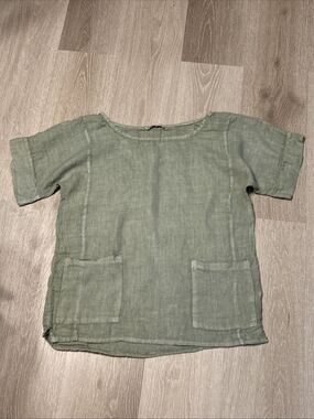 Francesca Bettini 100% Linen Sage Green Patch Pockets Scoop Neck Blouse Neck SzM